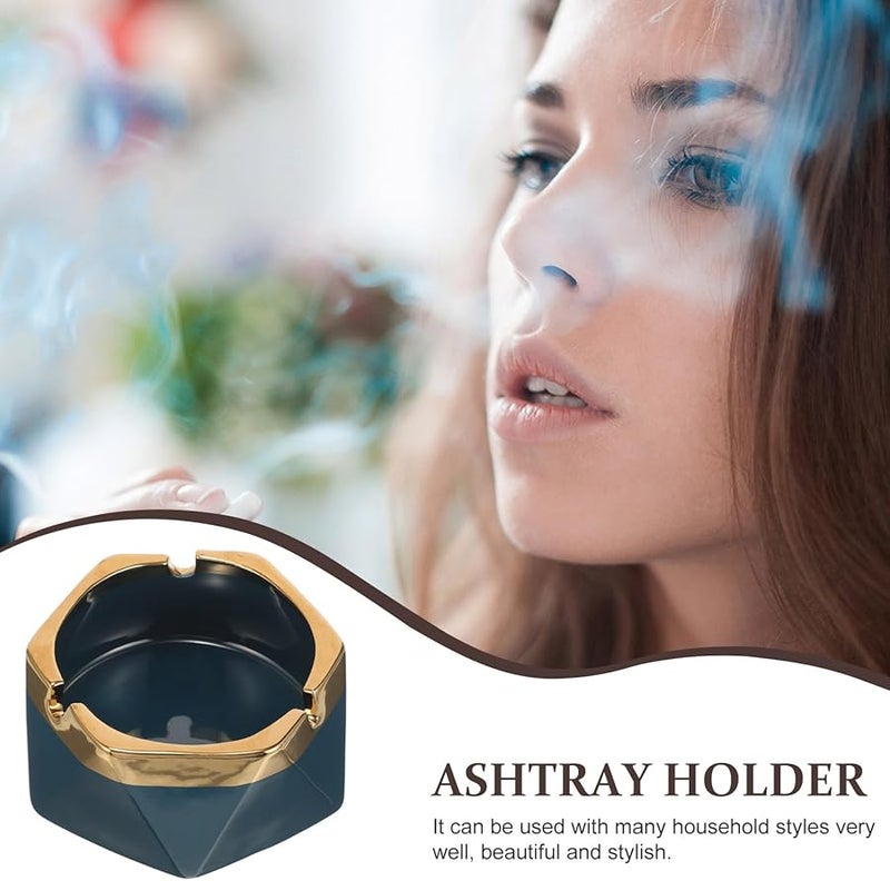 منفضة سجائر خزفية كبيرة باللون الأزرق الداكن، حاوية رماد دخان راقية للمكتب أو البار - Image 4